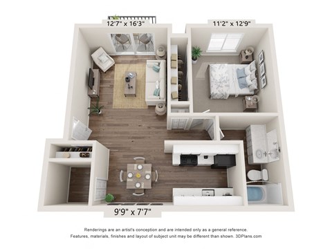 Floor plan for 1 bed, 1 bath, 730 sqft